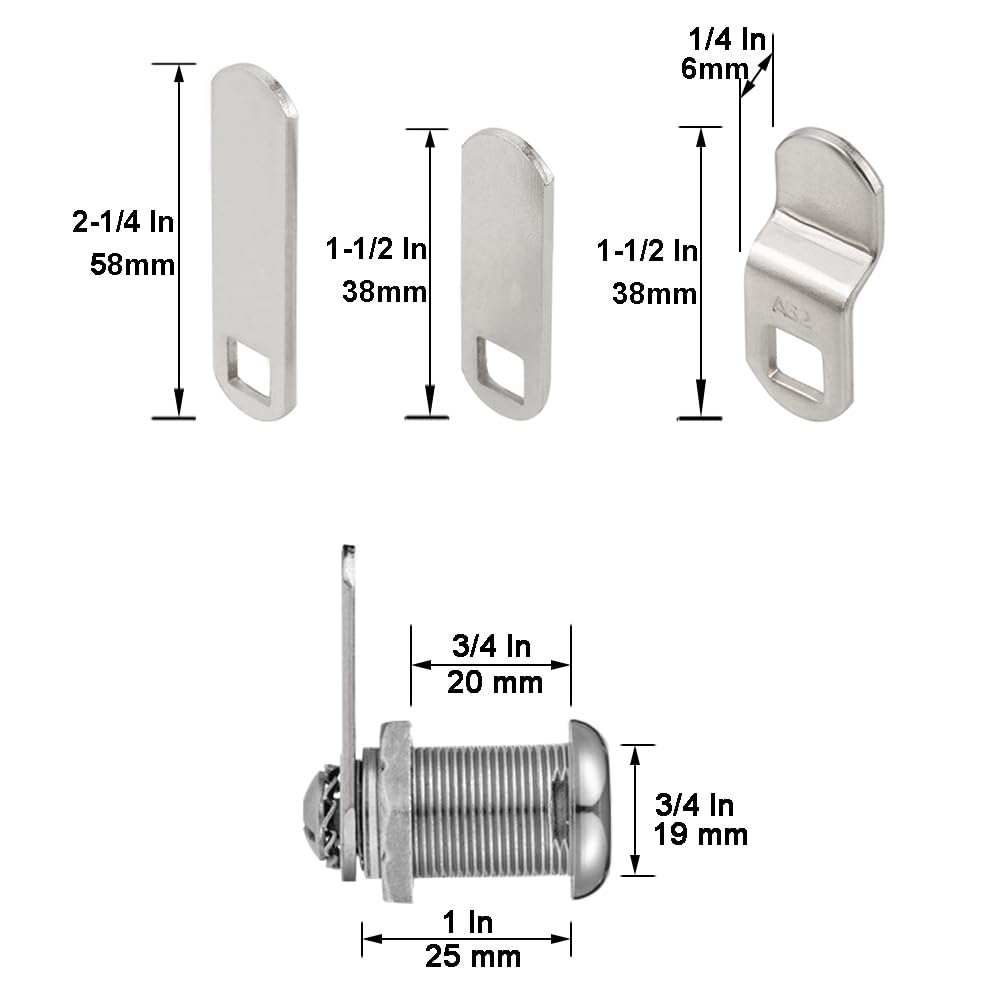 Keyed Alike 1” Cylinder Cam Locks Chrome Finish with 3 Cams and 2 Keys I374220