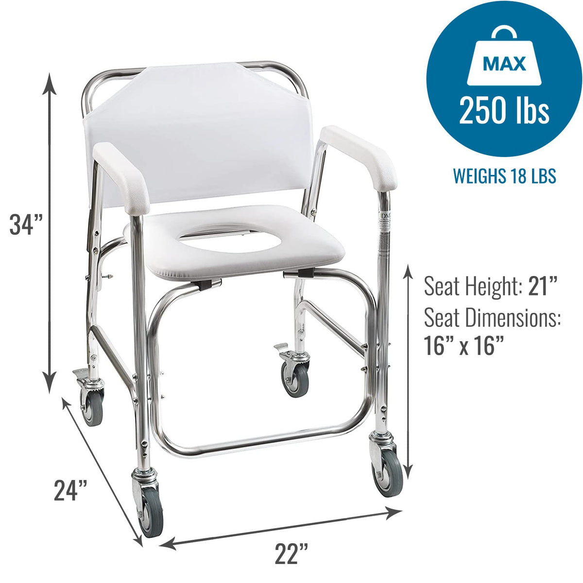 Rolling Shower Commode Chair Aluminum Frame White 250 Lb. Weight Capacity U2930