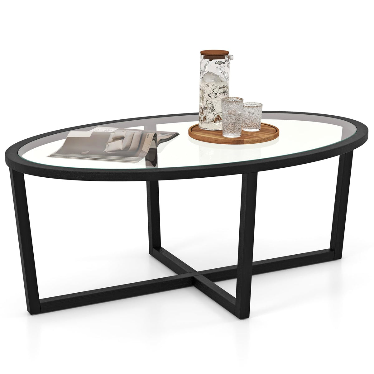 Black Oval Glass Coffee Table with Acacia Wood Legs J6194