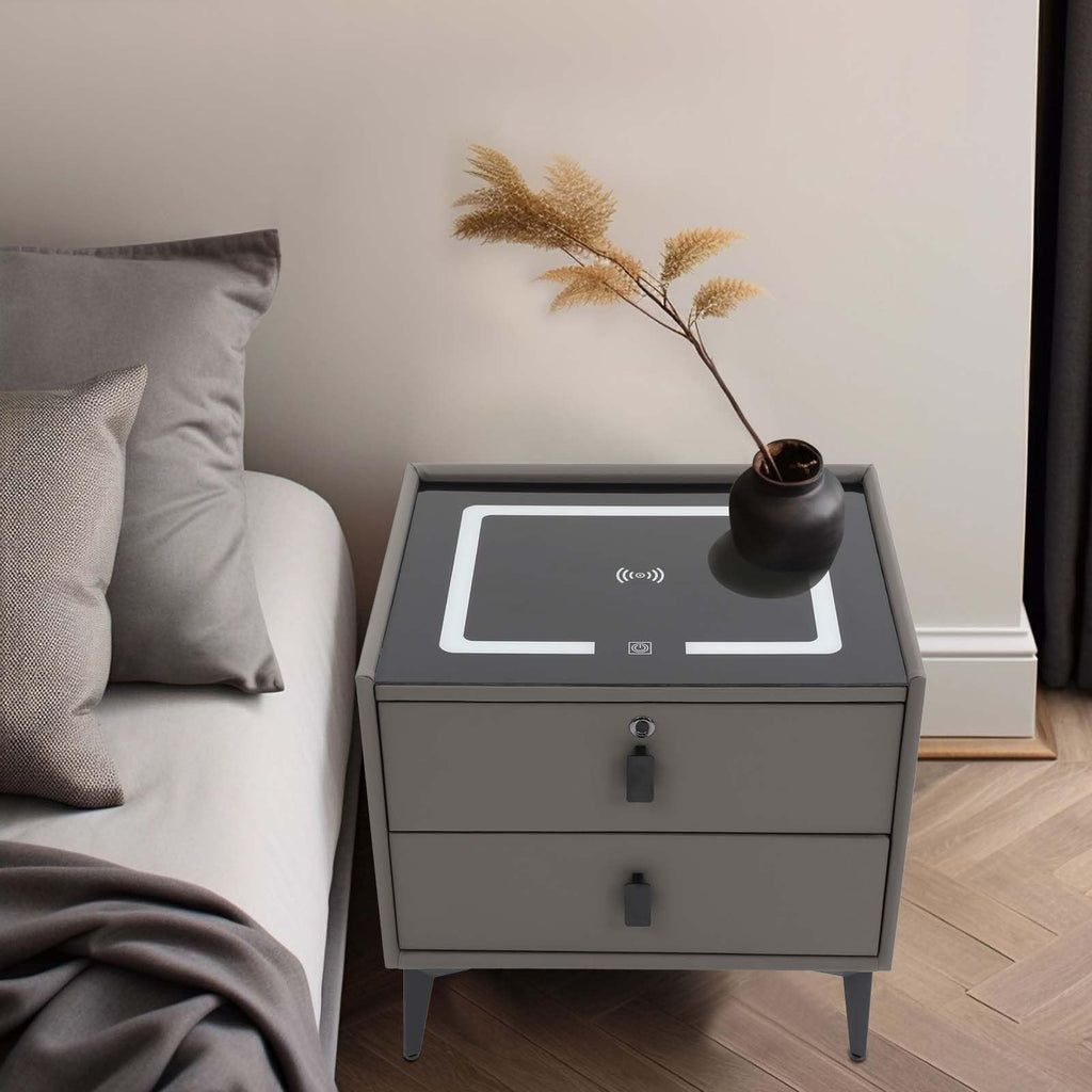 Dark Grey Smart Nightstand with Wireless Charging and LED Lights H634