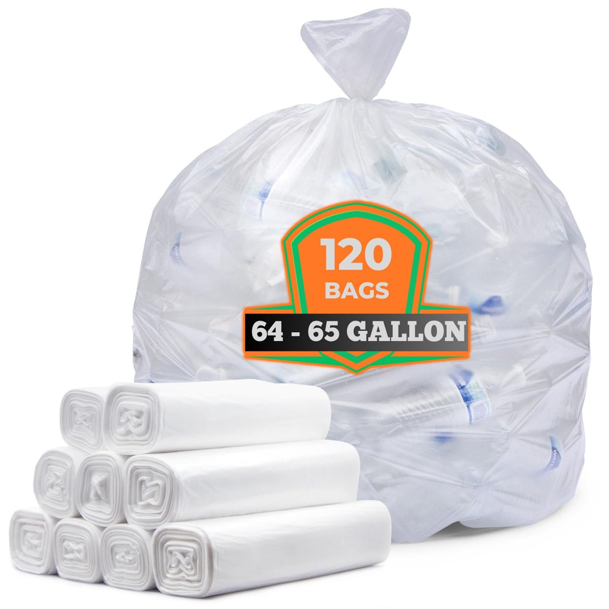 64-65 Gallon Clear Trash Bags, 120 Count Heavy Duty Garbage Bags A88428
