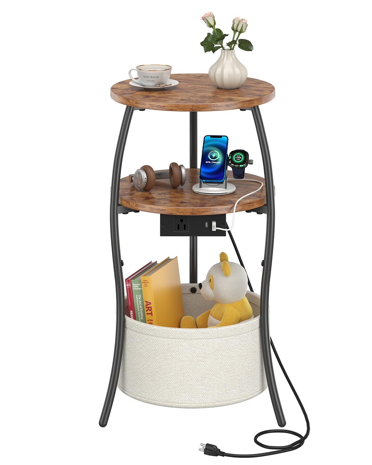 3-Tier Round End Table with Charging Station Z21206