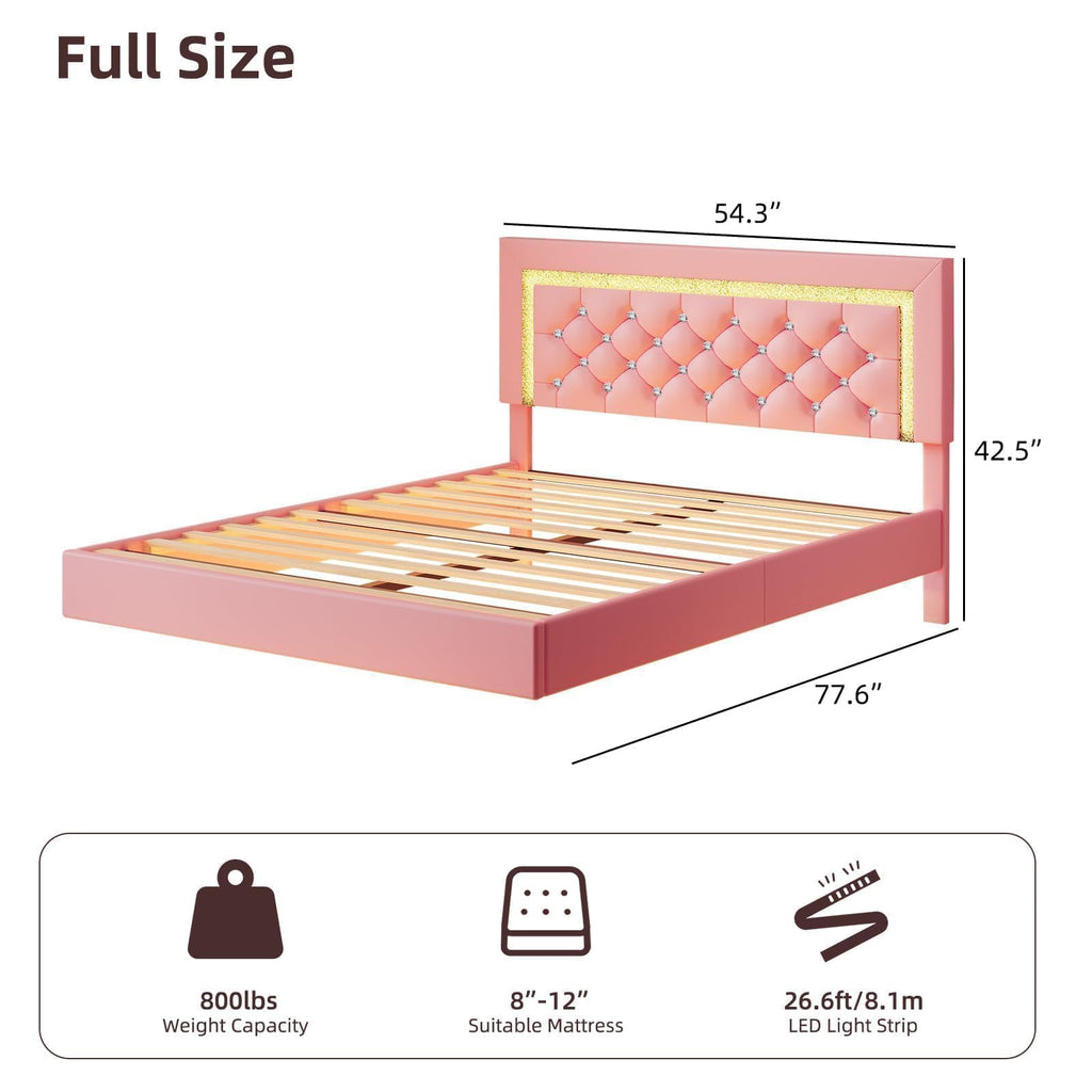 Pink Full Floating Bed Frame with LED Lights and Diamond Headboard K5980