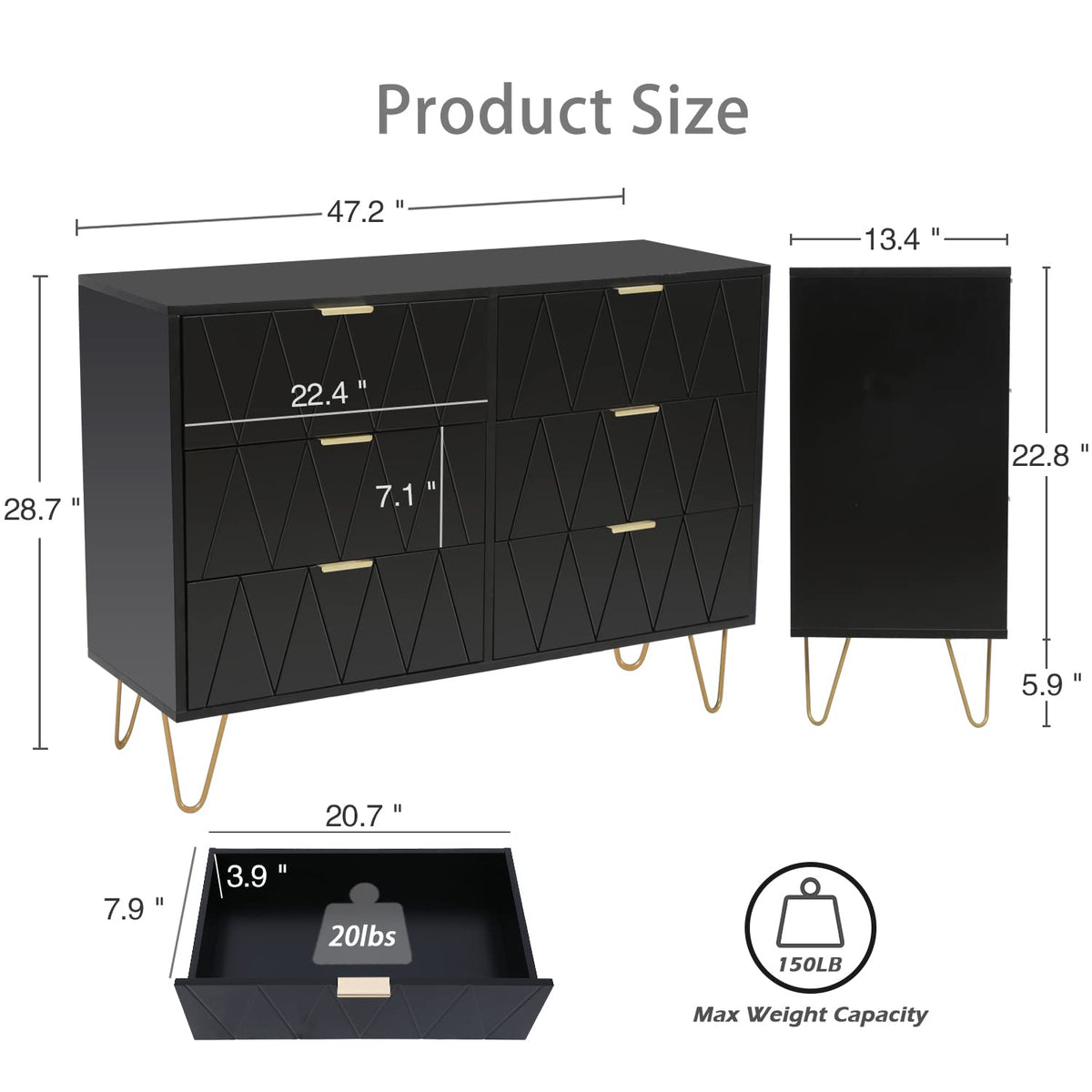 Black 6 Drawer Dresser and 2 Drawer Nightstand Set of 2 F525646