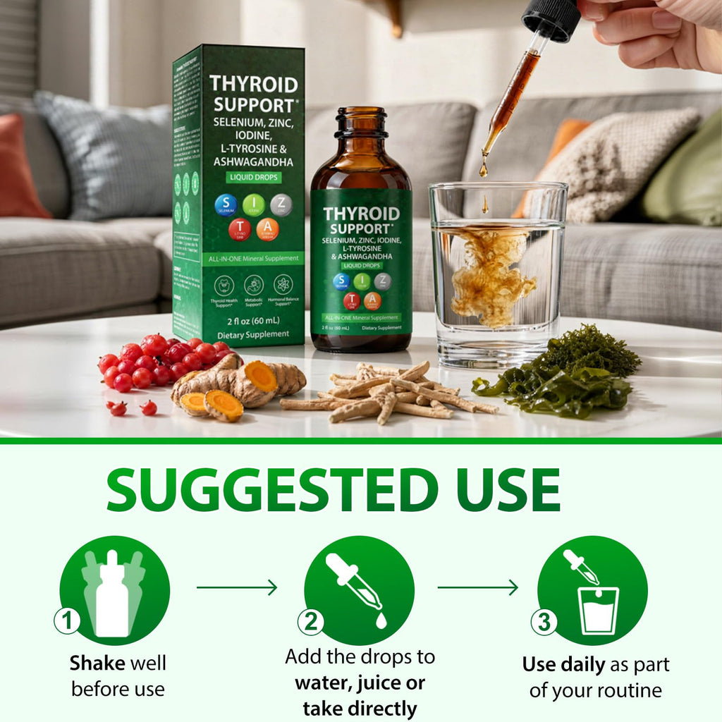 Iodine Selenium Zinc Ashwagandha L-Tyrosine Thyroid Support Liquid Drops 2 Fl Oz E1983