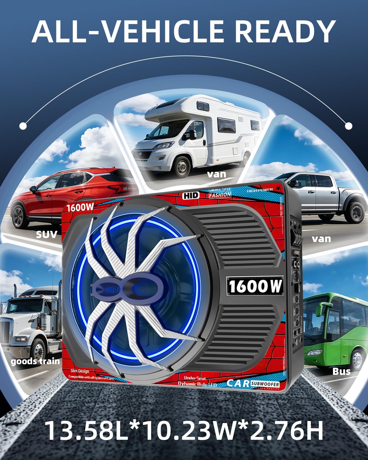1600W Slim Underseat Car Subwoofer and Amp with RGB Light A8631
