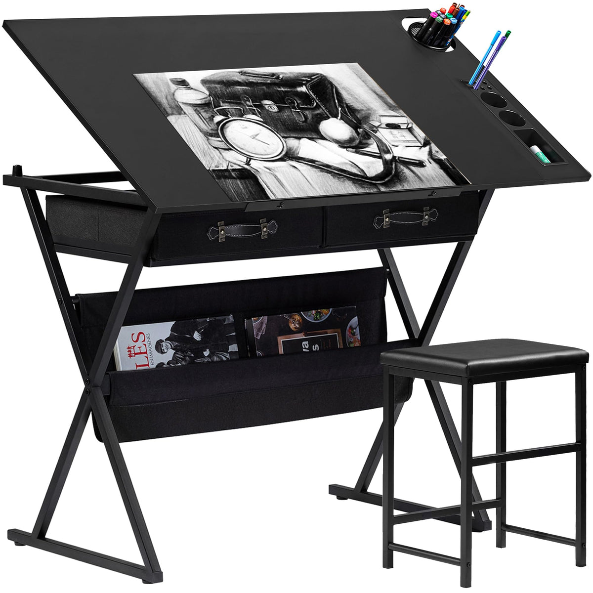 Black Adjustable Drafting Table with 2 Storage Drawers and Stool G7084