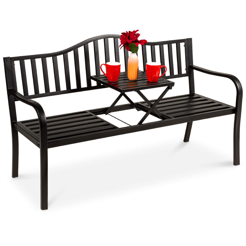 Black Steel Outdoor Garden Bench with Pullout Middle Table J103924