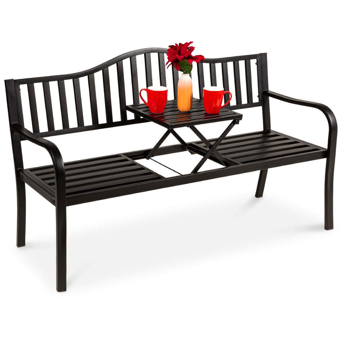 Black Steel Outdoor Garden Bench with Pullout Middle Table J103924