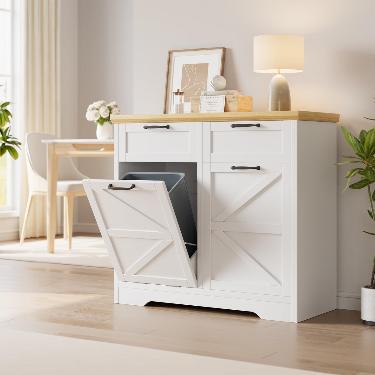 8-10 Gallons Tilt Out Trash Can Cabinet with Drawer V797545