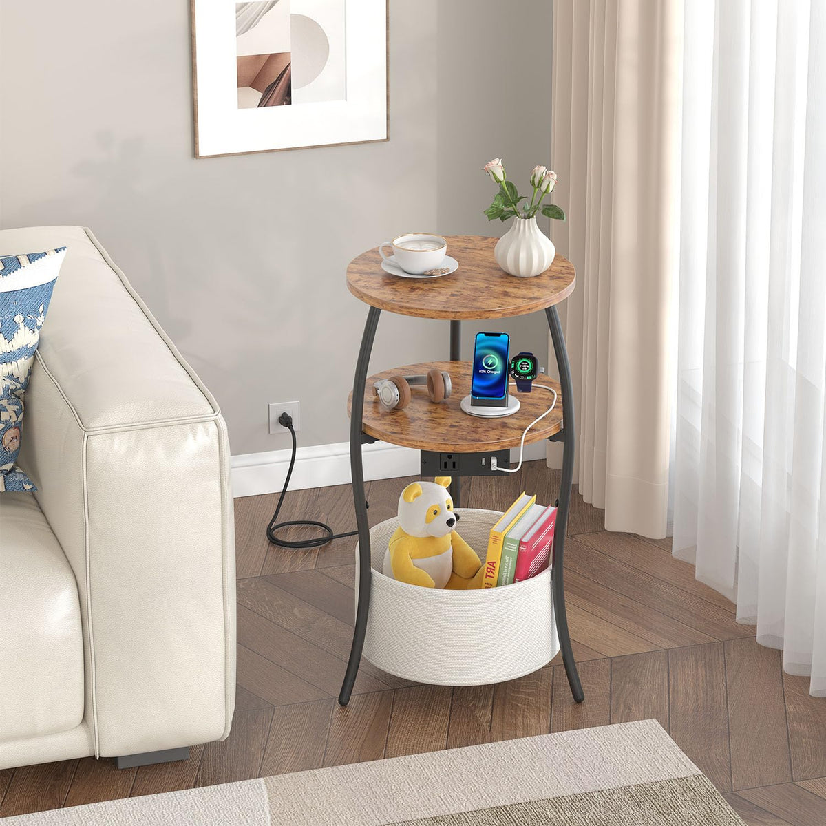 3-Tier Round End Table with Charging Station Z21206