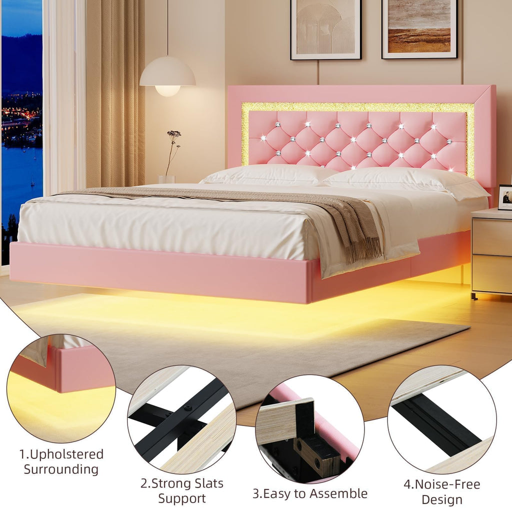 Pink Full Floating Bed Frame with LED Lights and Diamond Headboard K5980