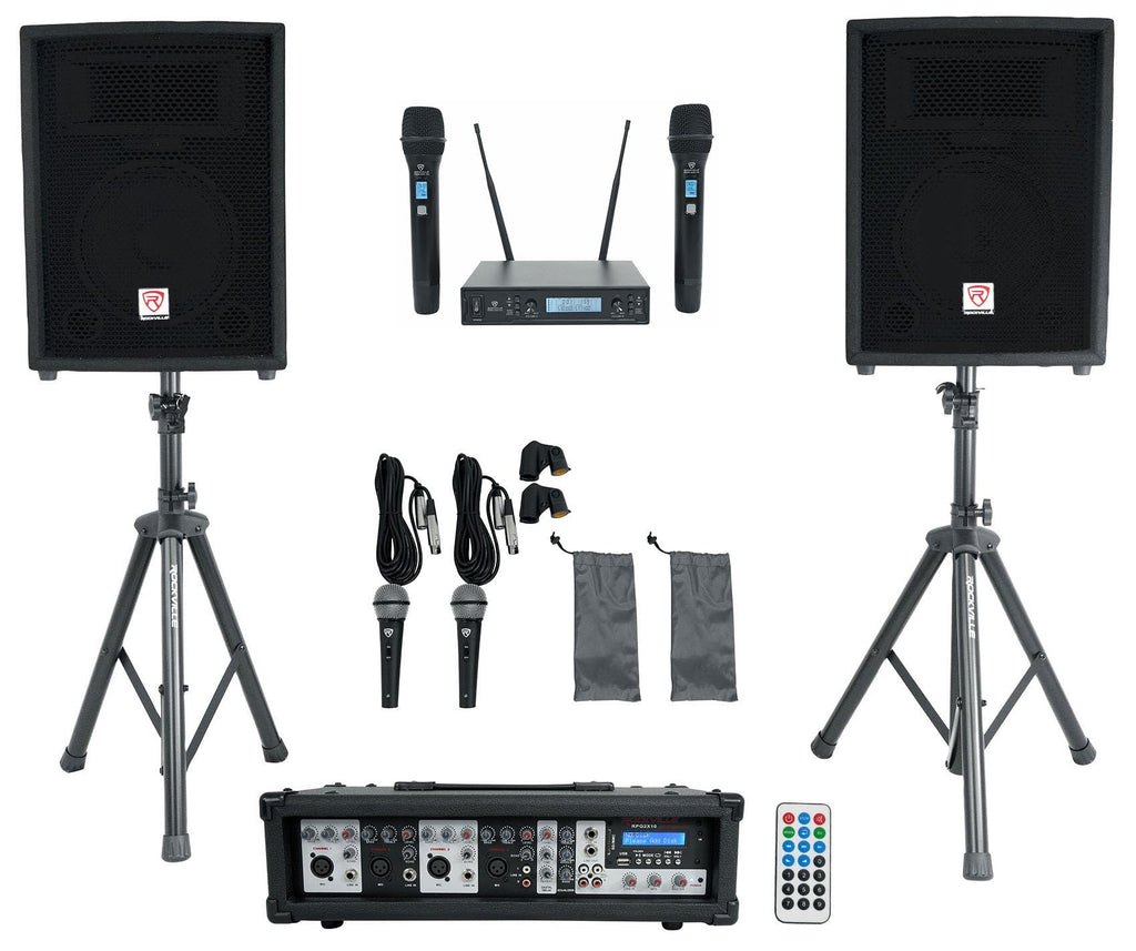 10" PA Speaker Pair with Mixer and Wireless Mics L5776