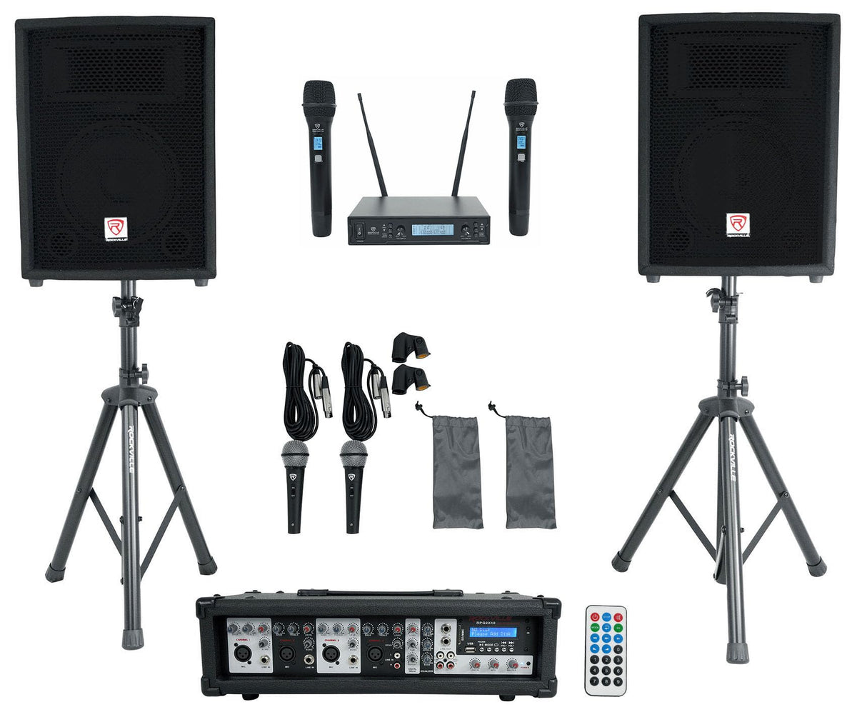 10" PA Speaker Pair with Mixer and Wireless Mics L5776