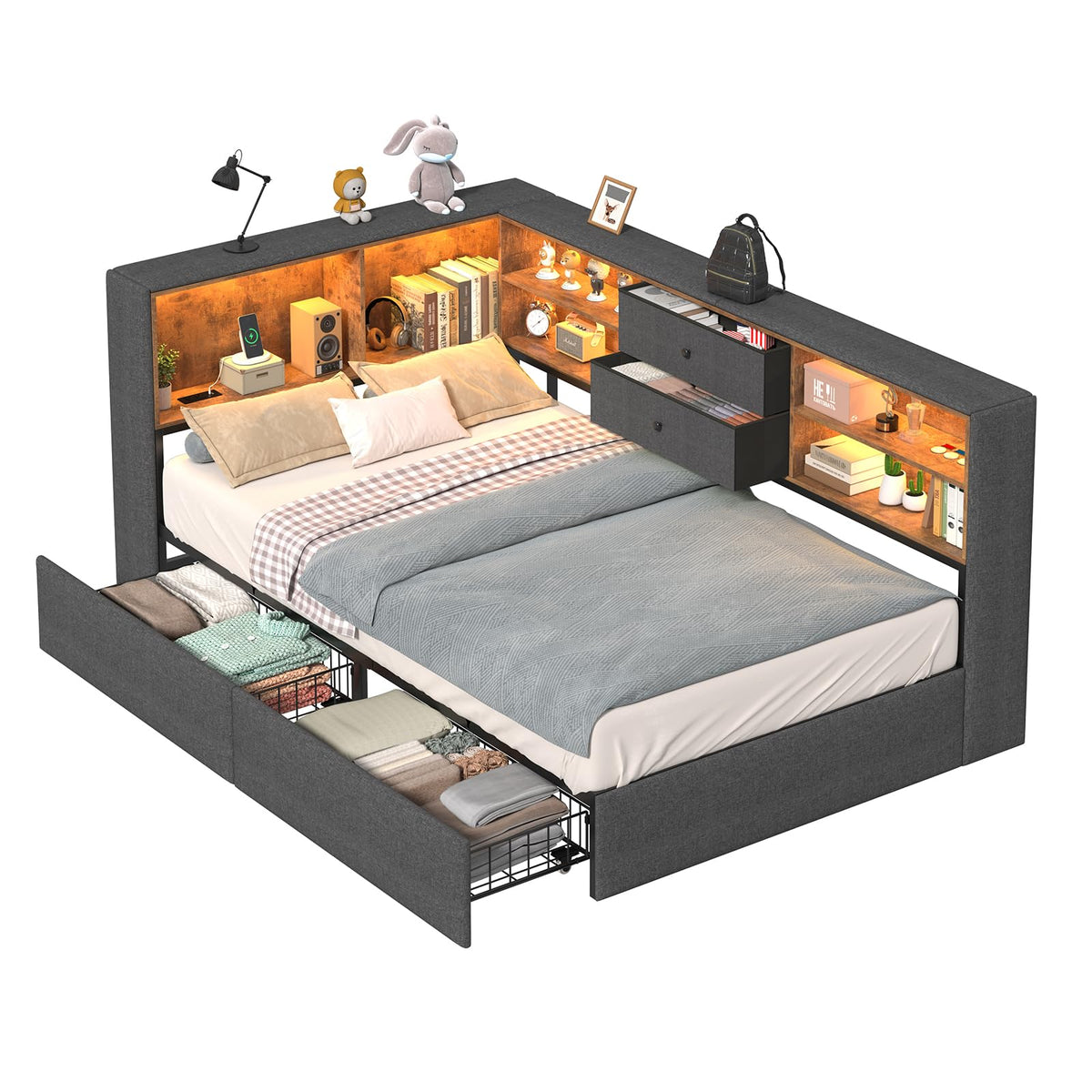 Twin Corner Bed Frame with Storage Drawers C309856