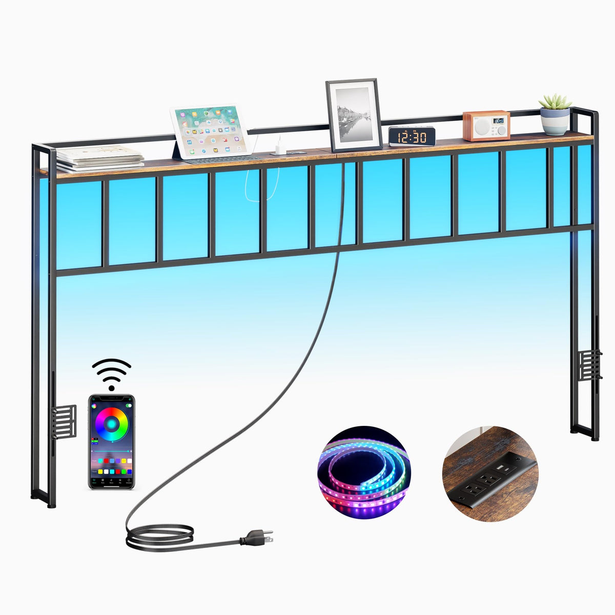 King Size Headboard with LED Light, Outlets and USB Ports, Storage Rack, Rustic Brown D154