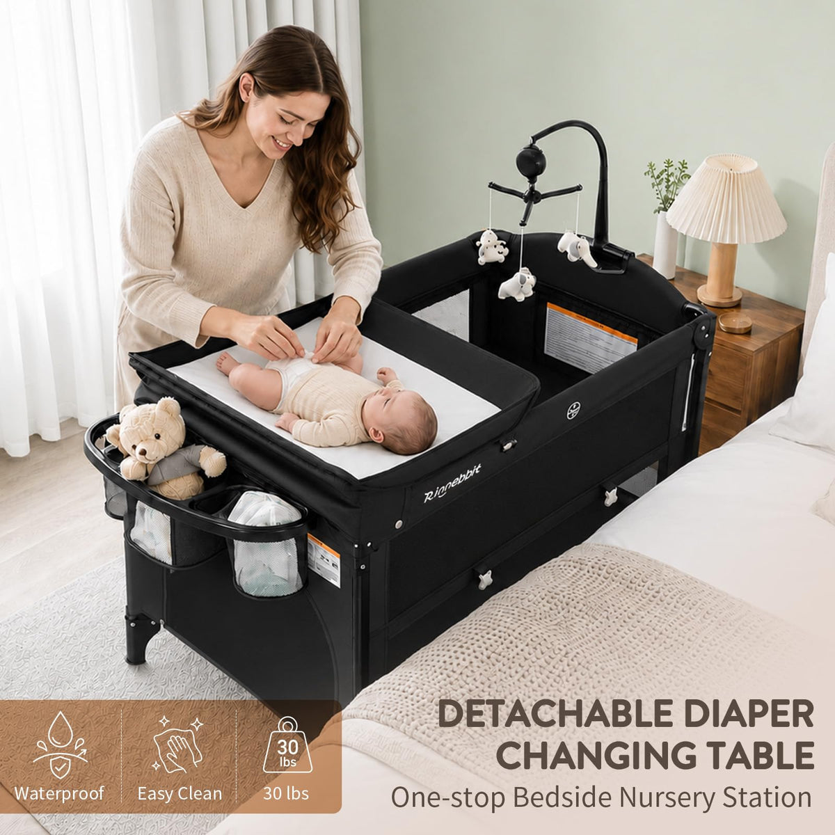4-in-1 Pack and Play, Baby Bassinet Bedside Sleeper, Black S533771