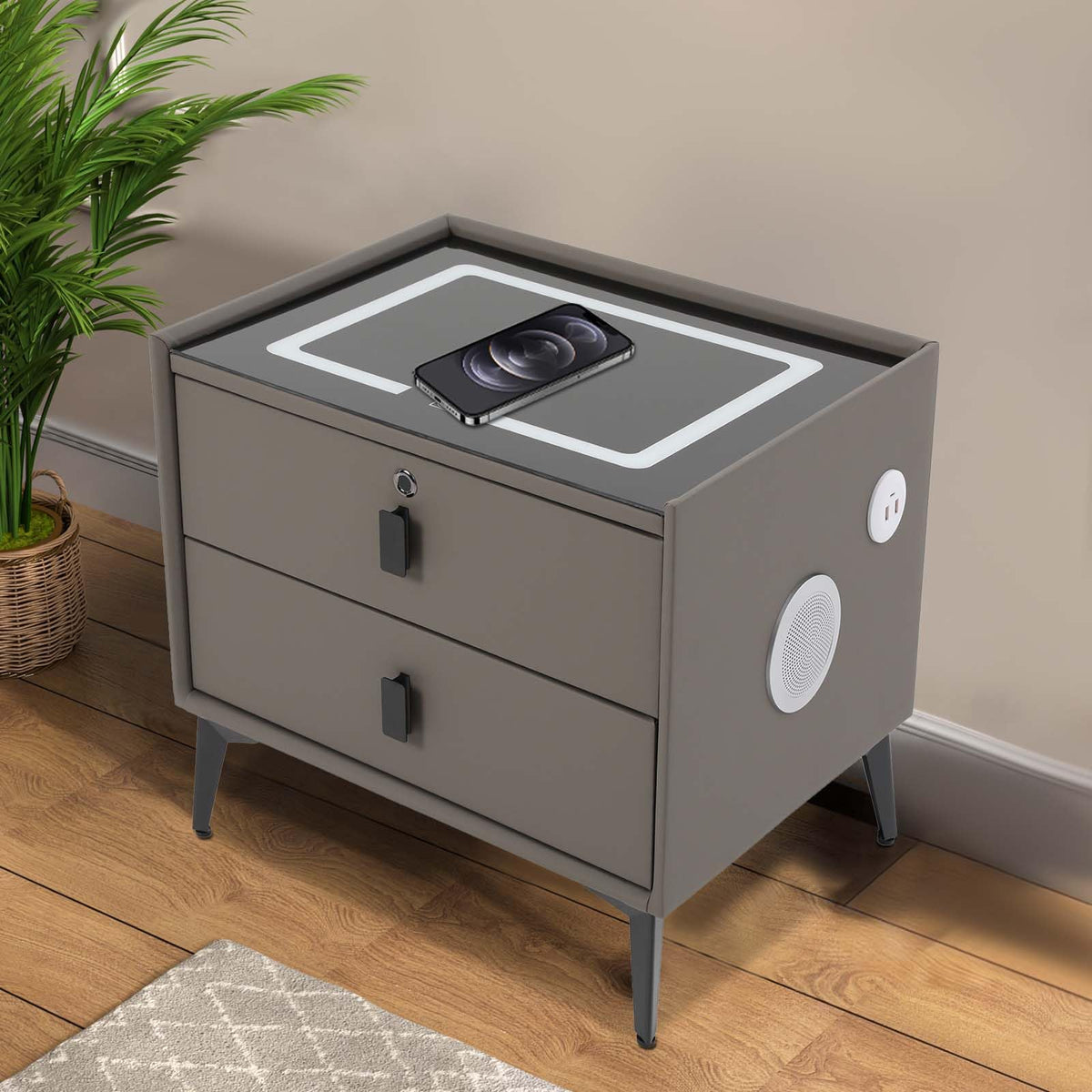 Dark Grey Smart Nightstand with Wireless Charging and LED Lights H634