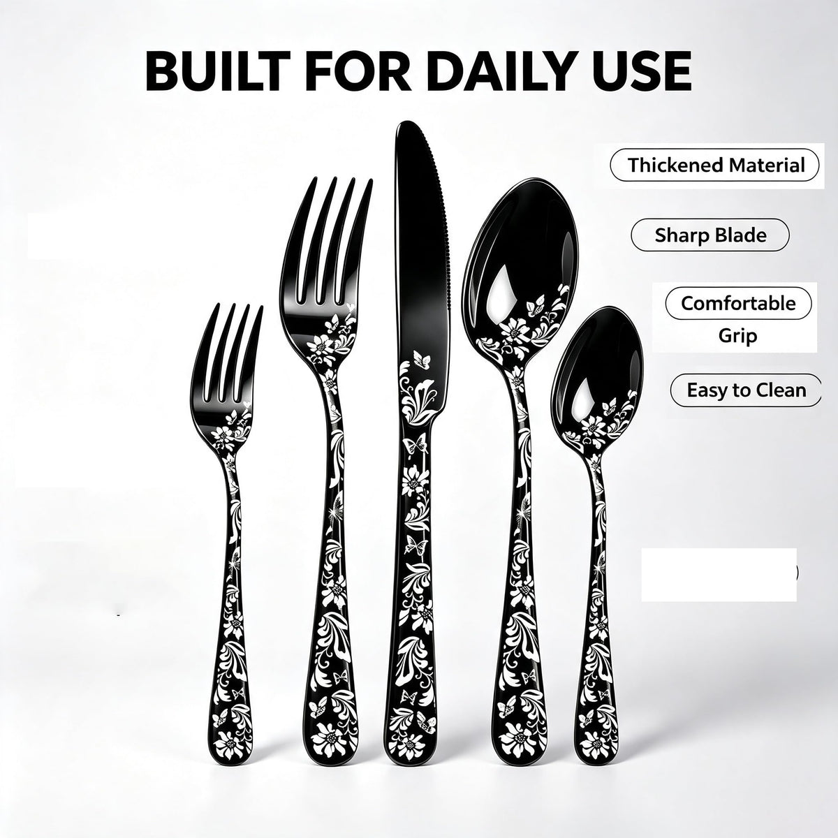 60 Piece White Floral Pattern Stainless Steel Silverware Set A62259