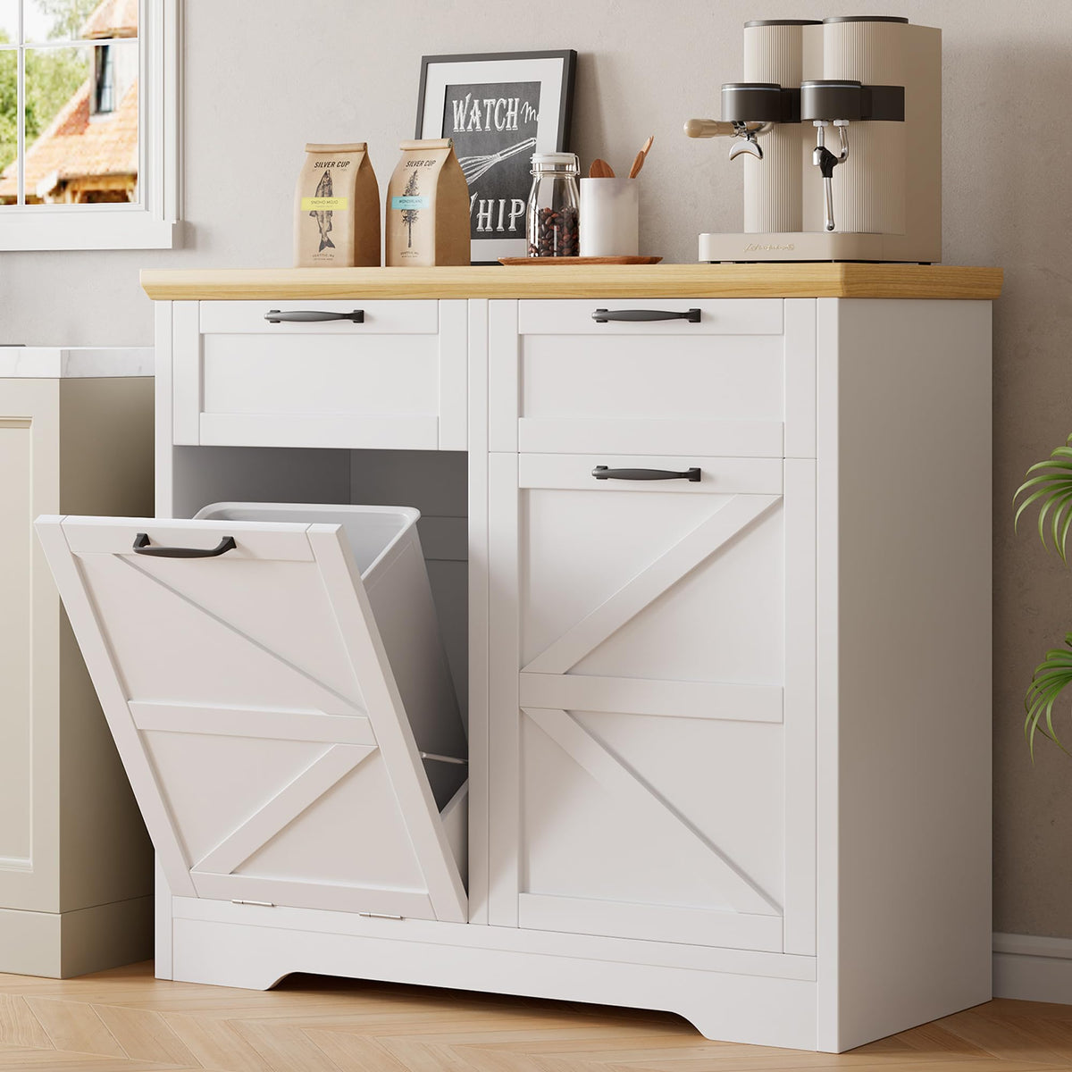 8-10 Gallons Tilt Out Trash Can Cabinet with Drawer V797545