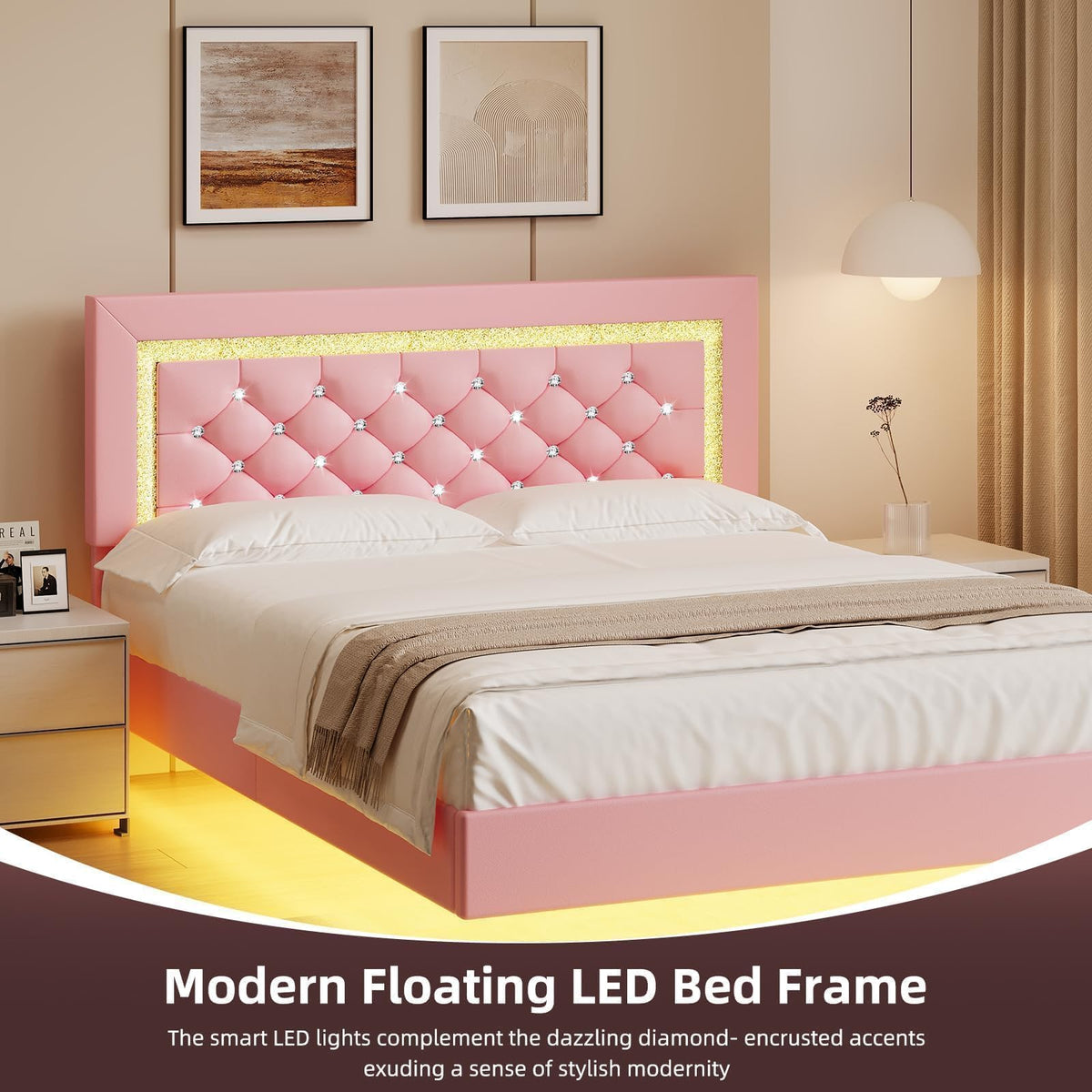 Pink Full Floating Bed Frame with LED Lights and Diamond Headboard K5980