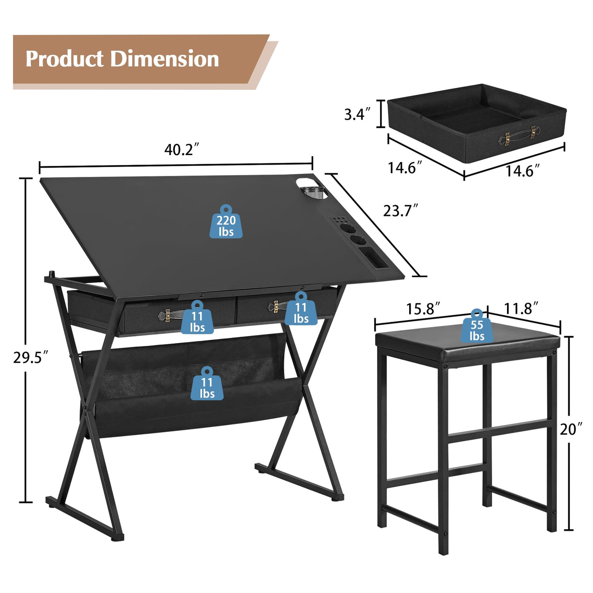 Black Adjustable Drafting Table with 2 Storage Drawers and Stool G7084
