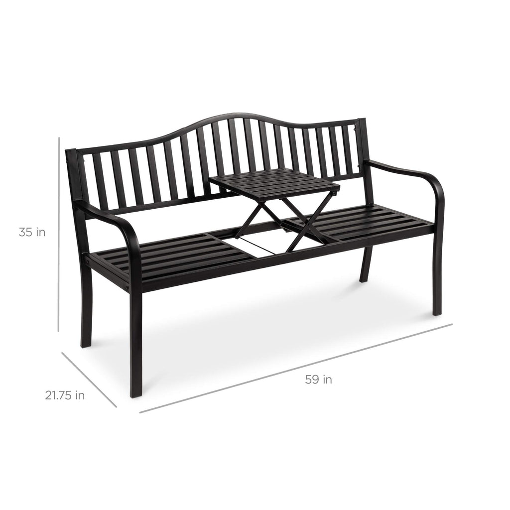 Black Steel Outdoor Garden Bench with Pullout Middle Table J103924