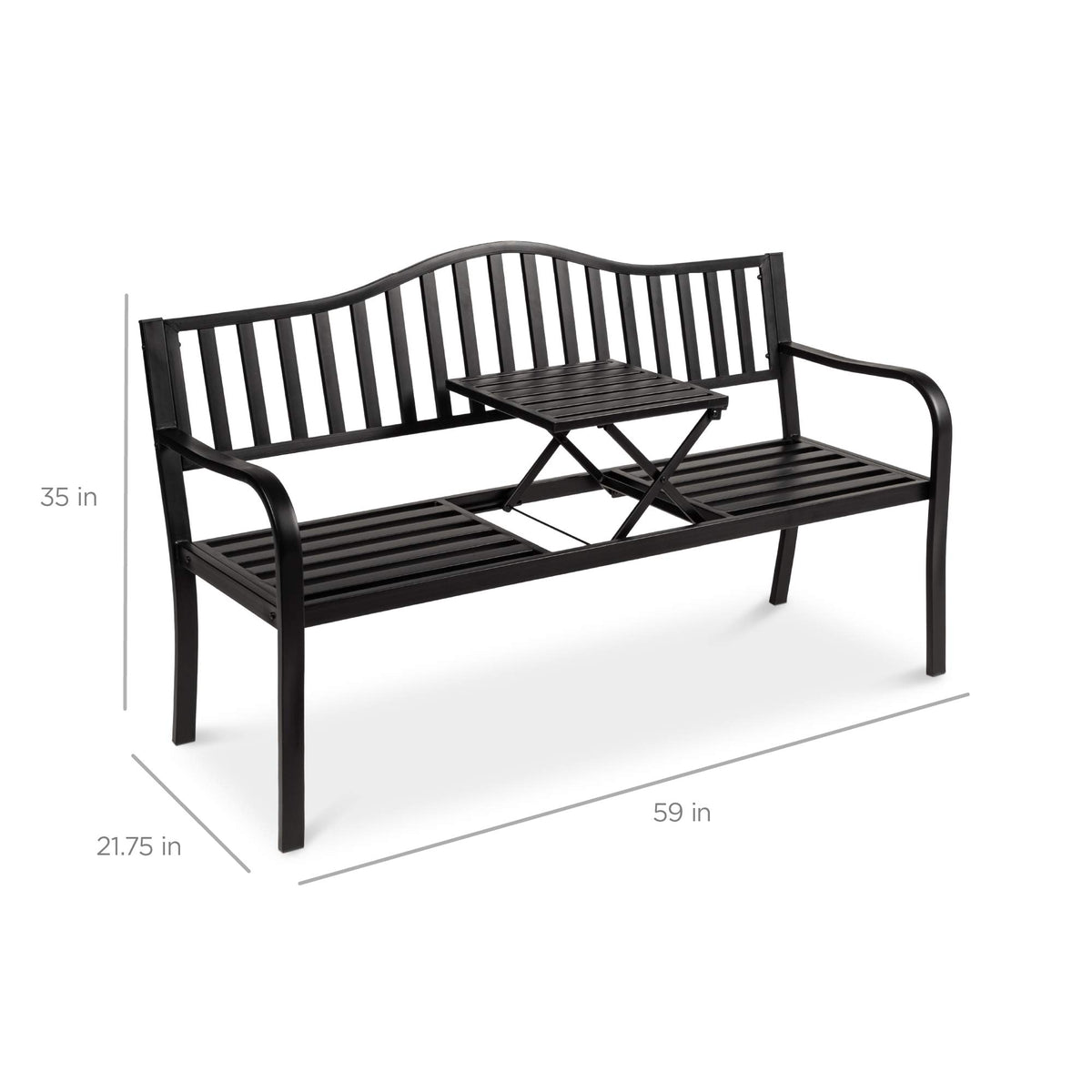 Black Steel Outdoor Garden Bench with Pullout Middle Table J103924