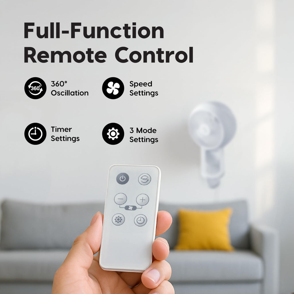 Wall Mount Fan with Remote, 360° Oscillation, 3 Speeds, White C57050