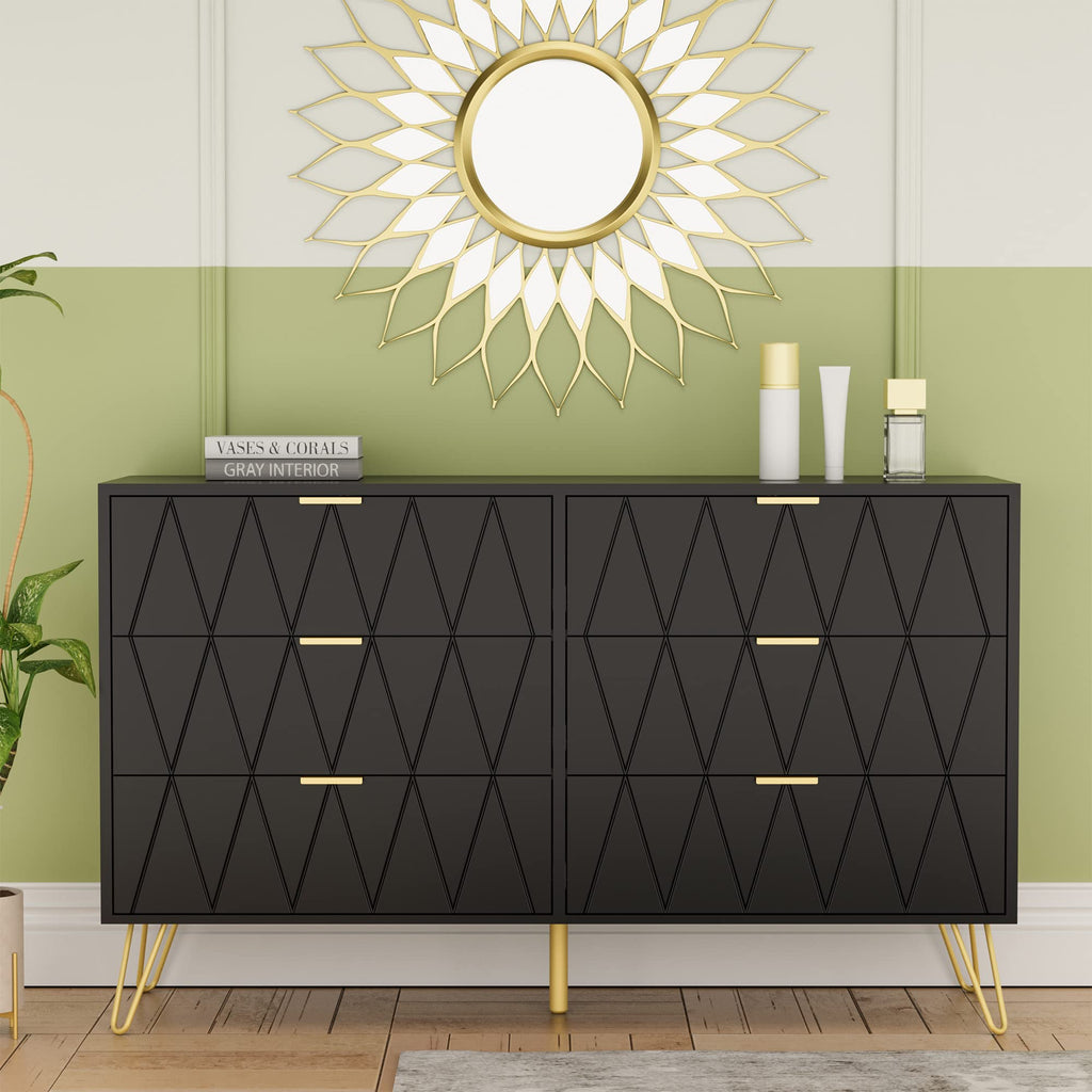 Black 6 Drawer Dresser and 2 Drawer Nightstand Set of 2 F525646