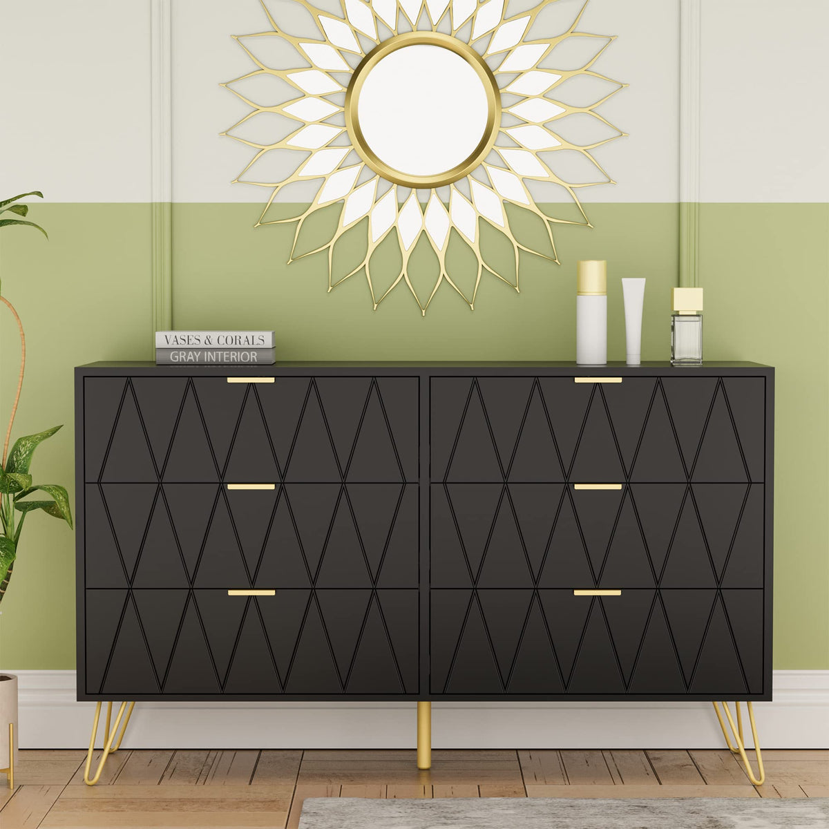 Black 6 Drawer Dresser and 2 Drawer Nightstand Set of 2 F525646
