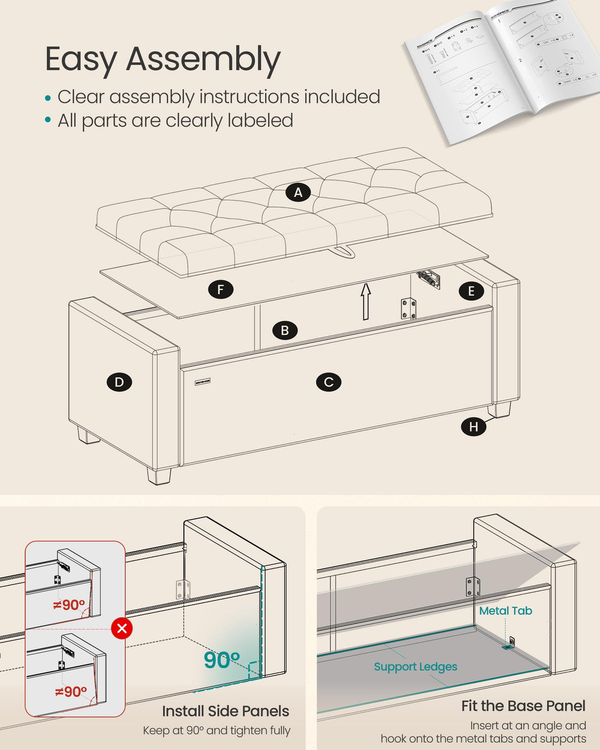 48 Inches Storage Ottoman with Solid Wood Legs A6255
