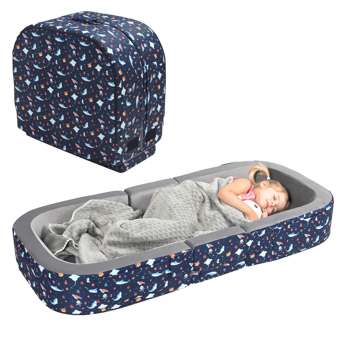 2-in-1 Foldable Toddler Travel Bed with Foam Safety Rails L98321