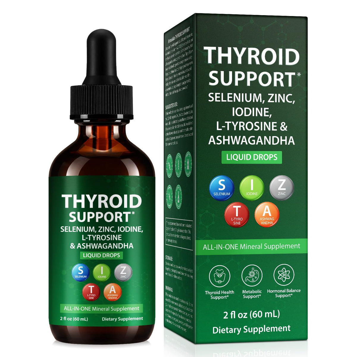 Iodine Selenium Zinc Ashwagandha L-Tyrosine Thyroid Support Liquid Drops 2 Fl Oz E1983
