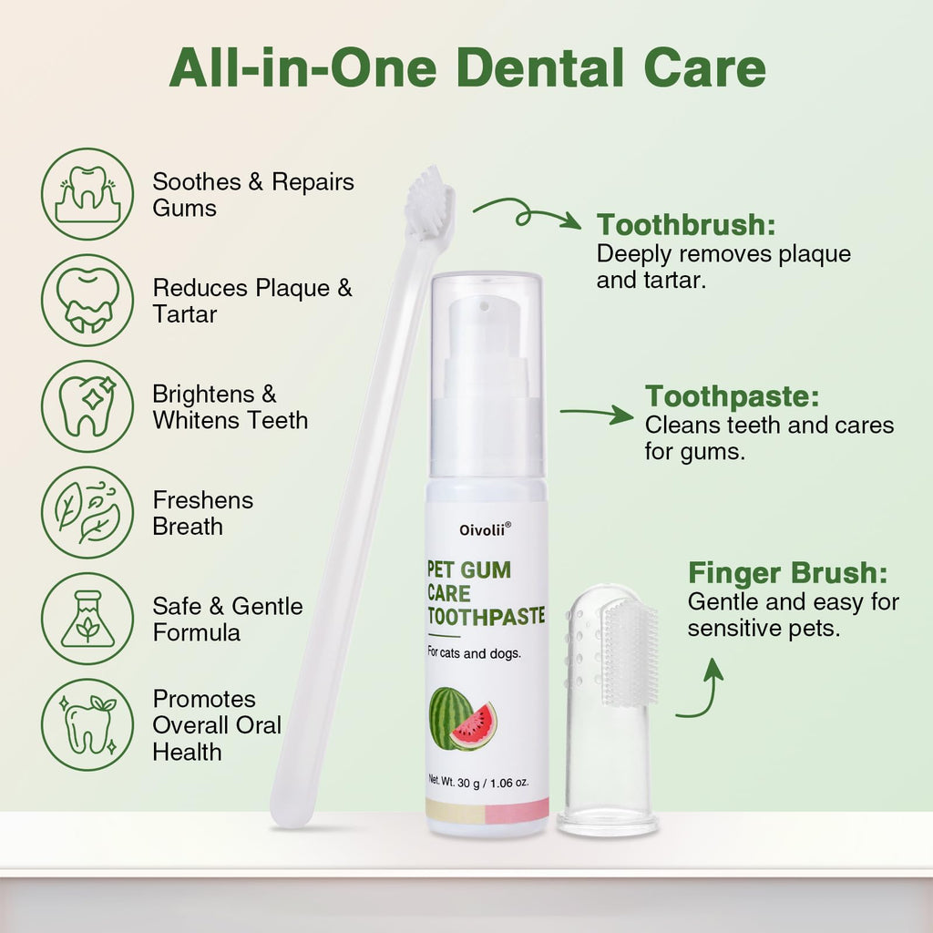 Watermelon Flavor Cat Toothpaste Kit with Finger Brush & Long-Handle Toothbrush D7874