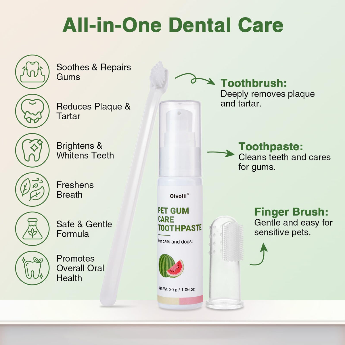 Watermelon Flavor Cat Toothpaste Kit with Finger Brush & Long-Handle Toothbrush D7874