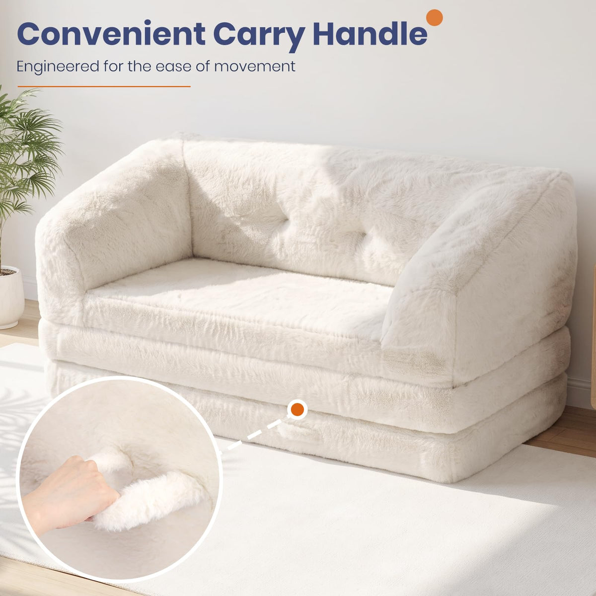 Convertible Folding Sofa Bed, 2 in 1 Portable Floor Couch & Foam Mattress with Handle, Space-Saving Faux Fur Futon Chair for Living Room, Bedroom, Guest Room (Loveseat, Beige) Q8507
