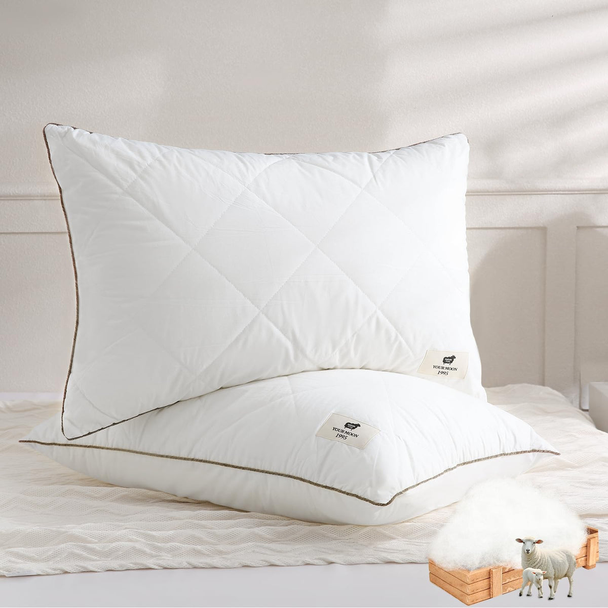 Soft Natural Wool Pillow King Size Set of 2 Cotton Cover W634