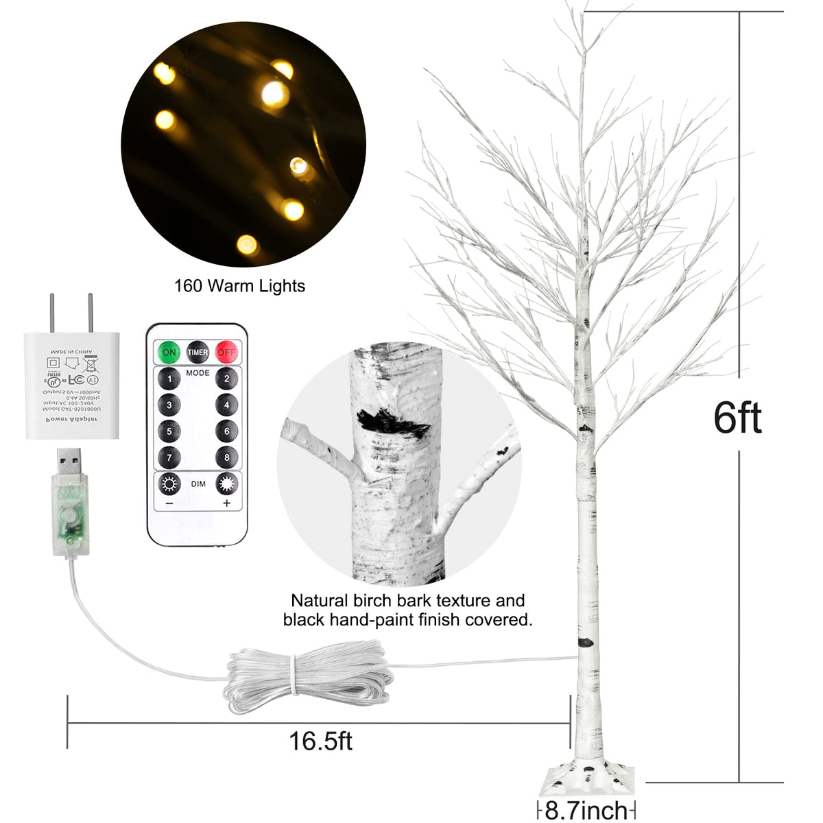 6FT Lighted Birch Tree with 160 LEDs Warm White Lights C639504