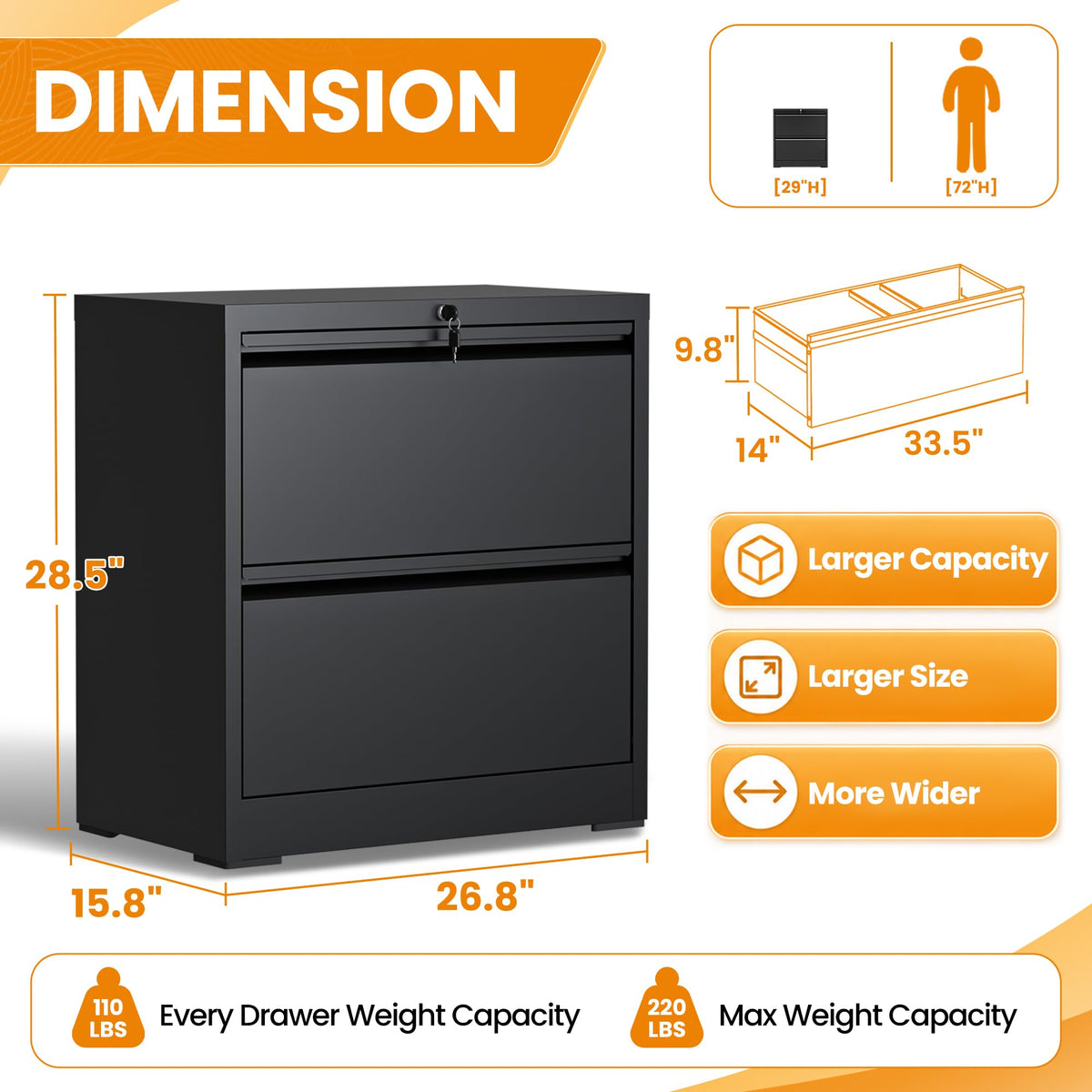 Black 2 Drawer Lateral File Cabinet with Lock C9826