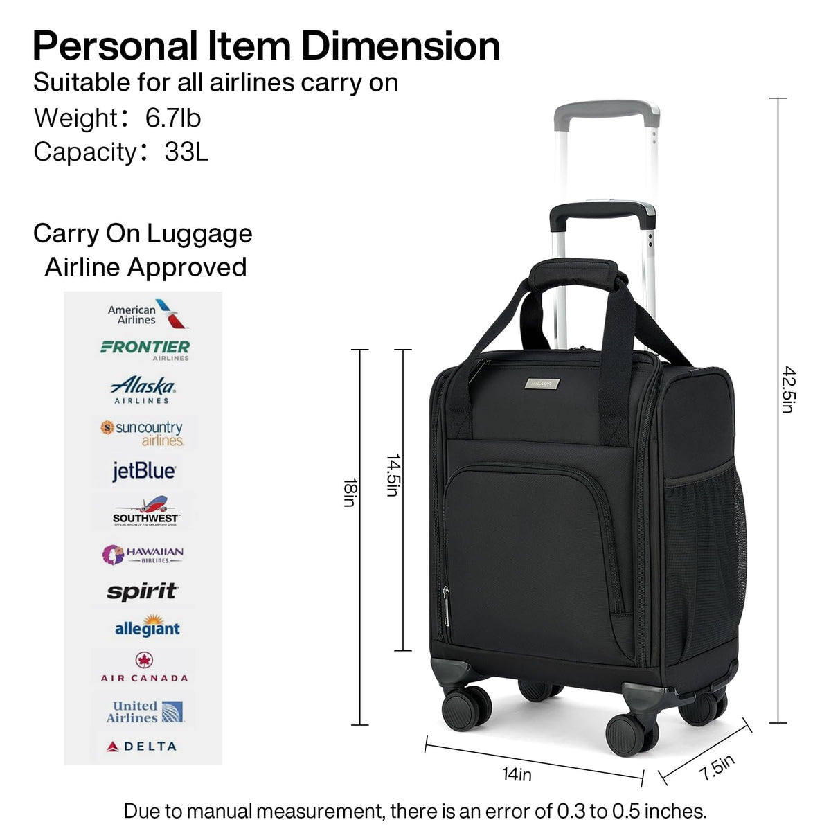Black 16-inch Underseat Carry On Luggage with Wheels Y305