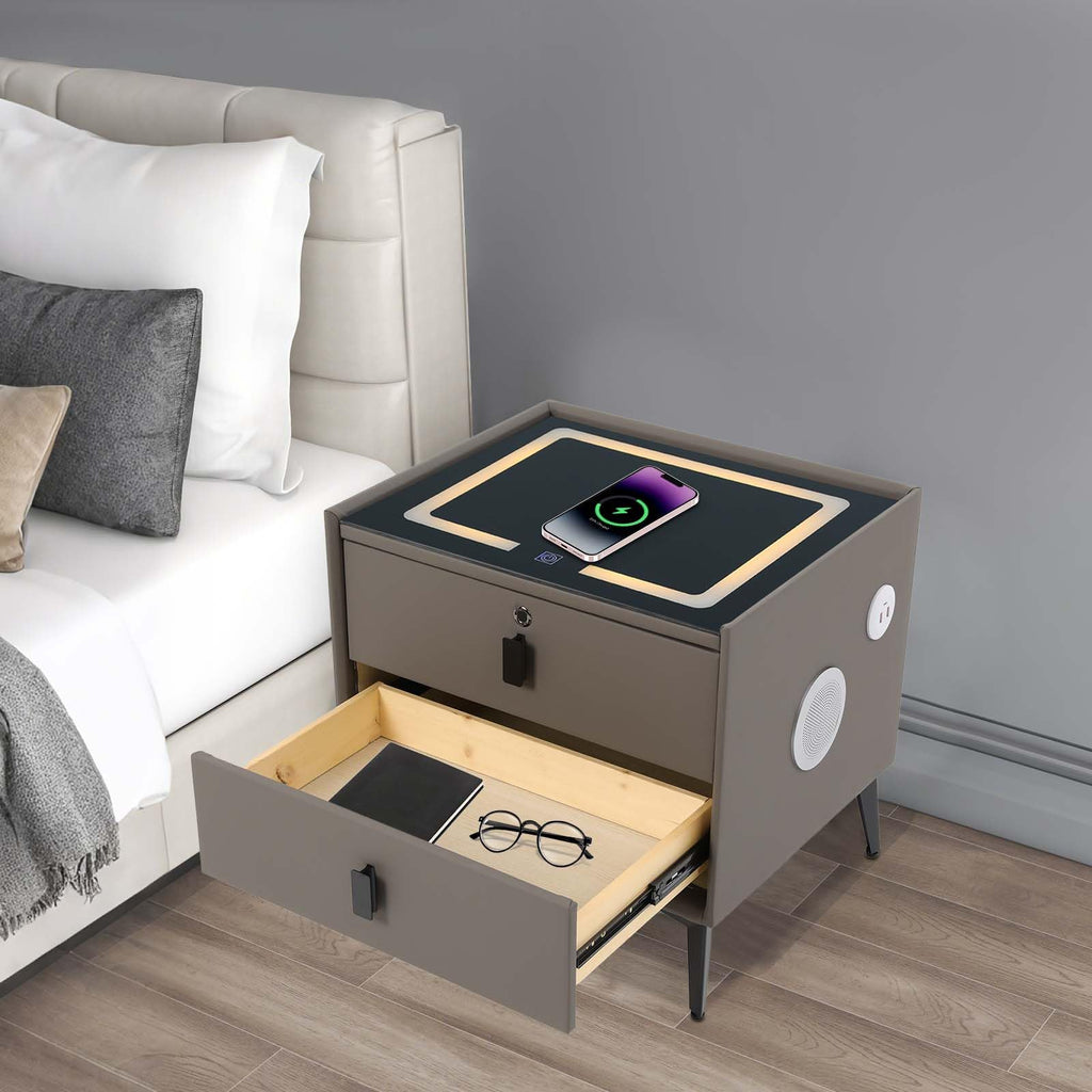 Dark Grey Smart Nightstand with Wireless Charging and LED Lights H634