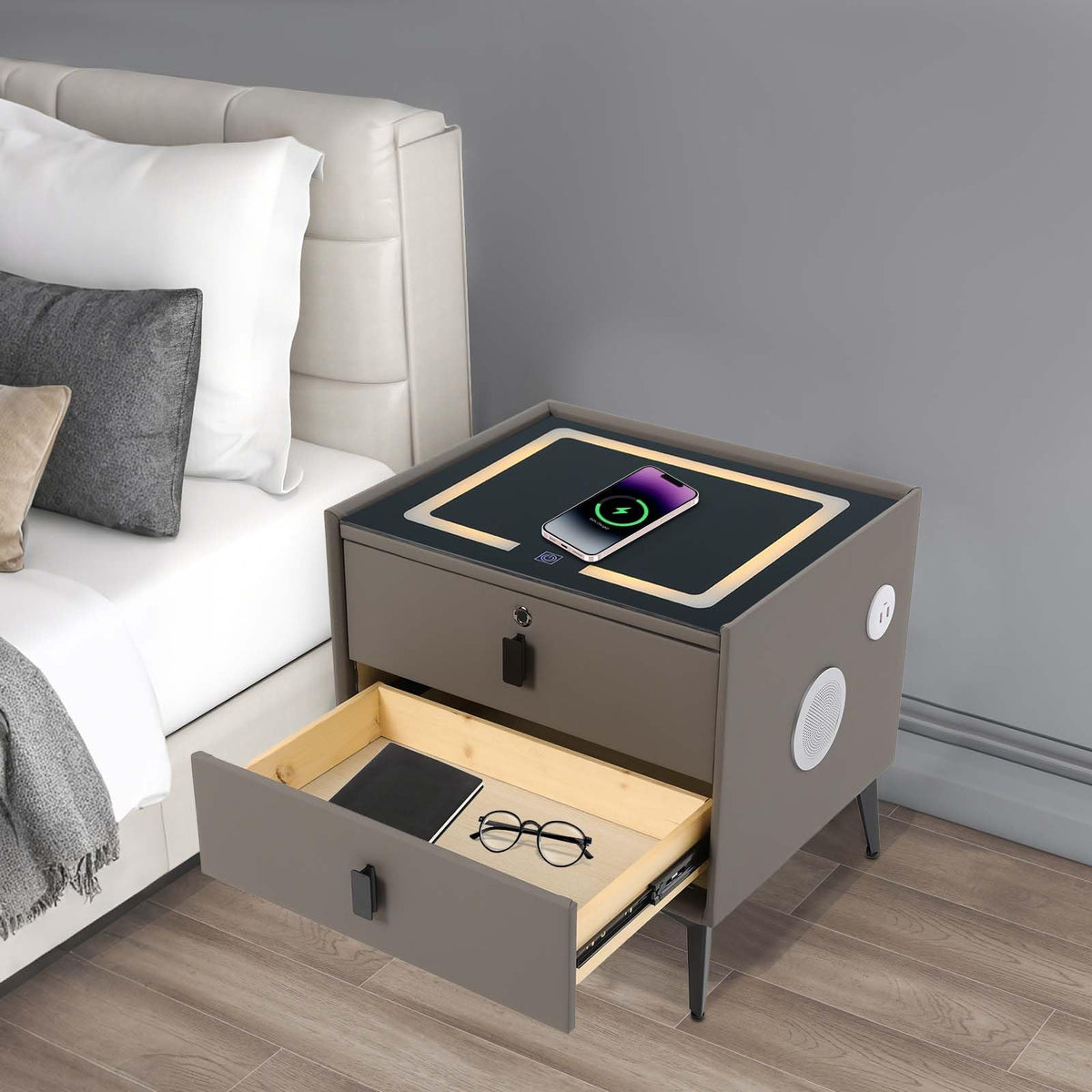 Dark Grey Smart Nightstand with Wireless Charging and LED Lights H634