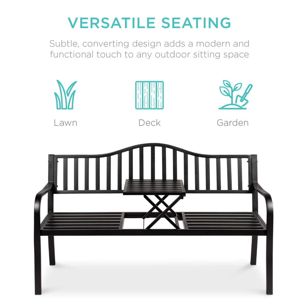 Black Steel Outdoor Garden Bench with Pullout Middle Table J103924