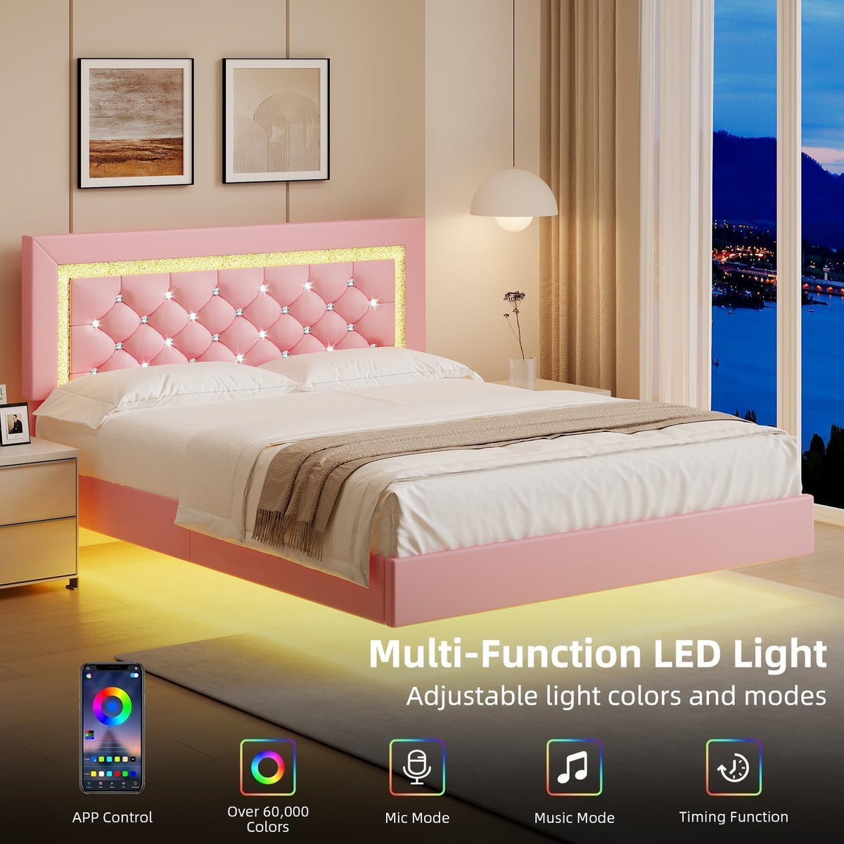 Pink Full Floating Bed Frame with LED Lights and Diamond Headboard K5980