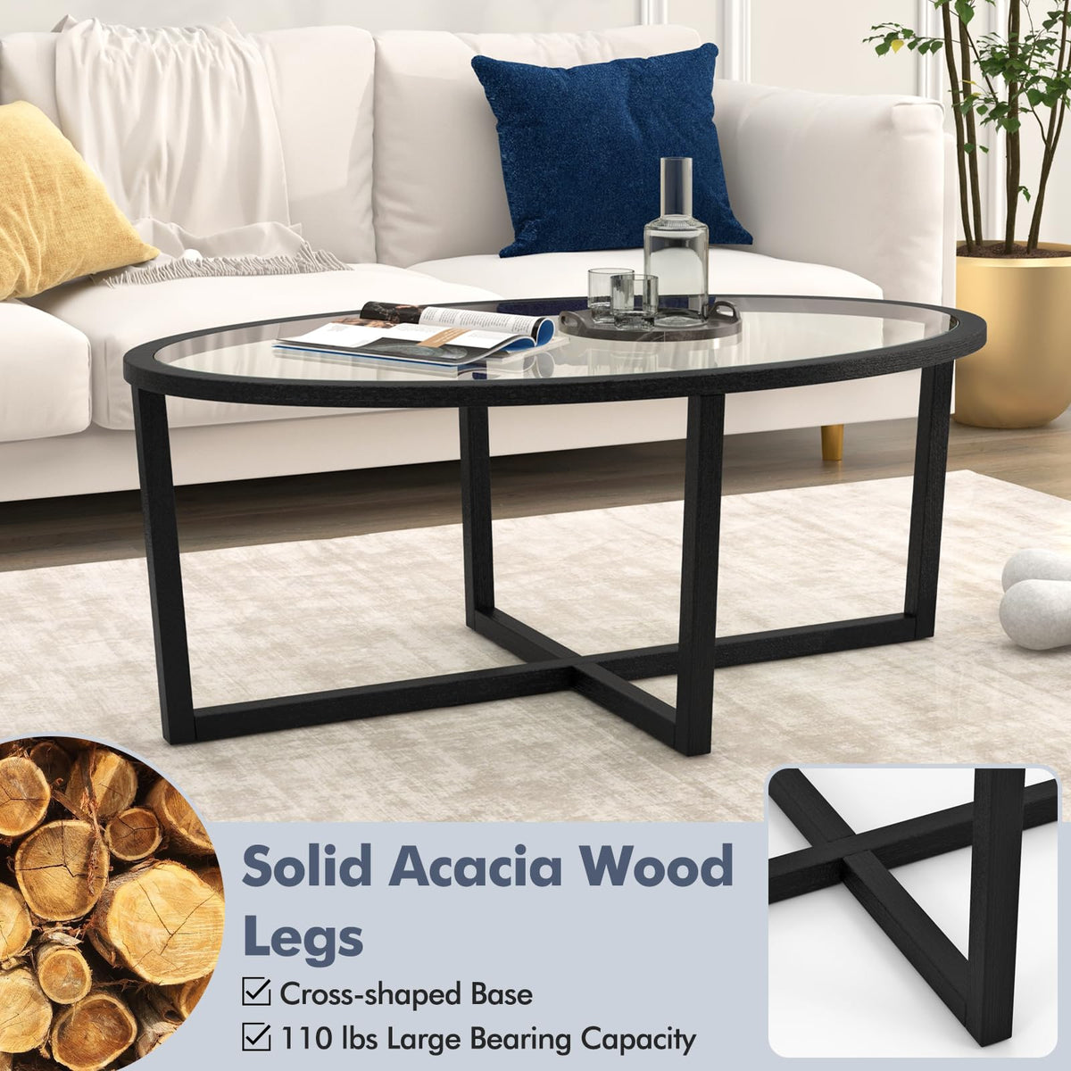 Black Oval Glass Coffee Table with Acacia Wood Legs J6194