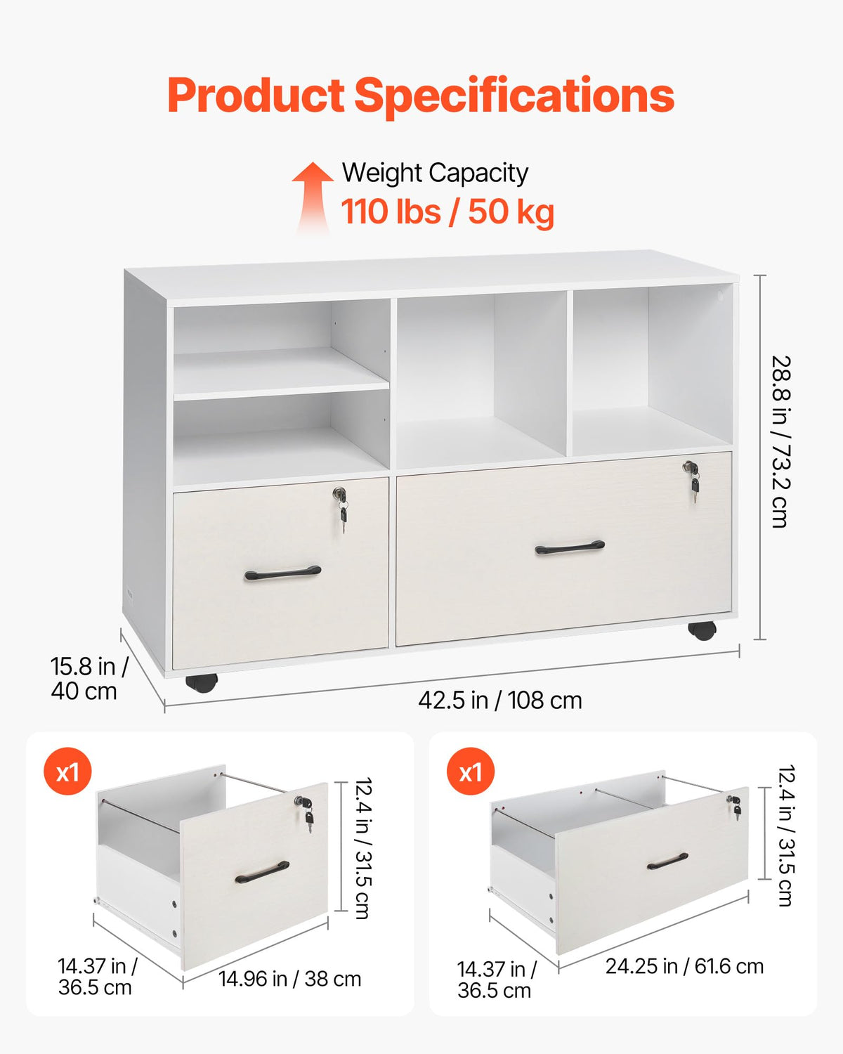 White 2 Drawer Wooden Lockable Mobile File Cabinet P148483