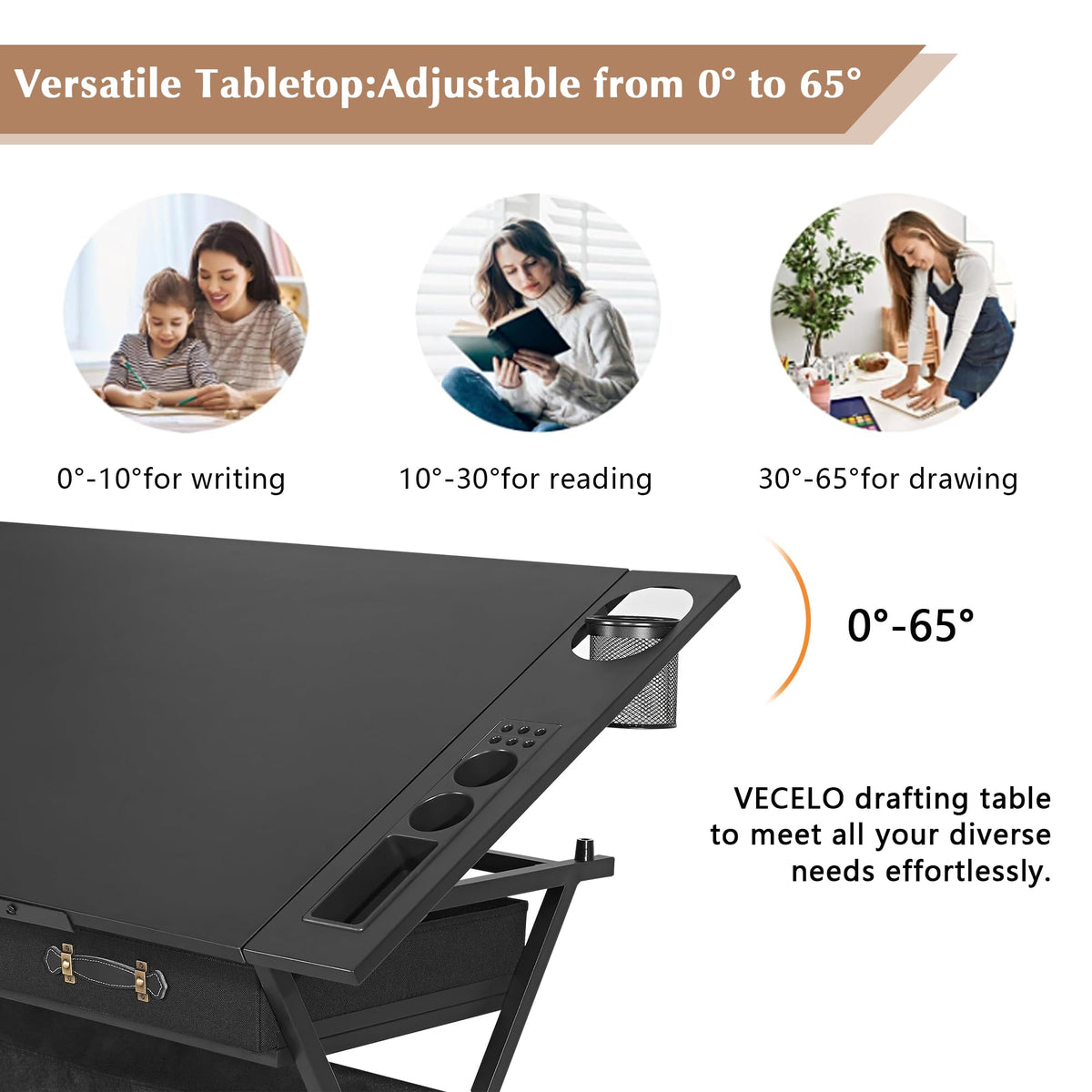 Black Adjustable Drafting Table with 2 Storage Drawers and Stool G7084