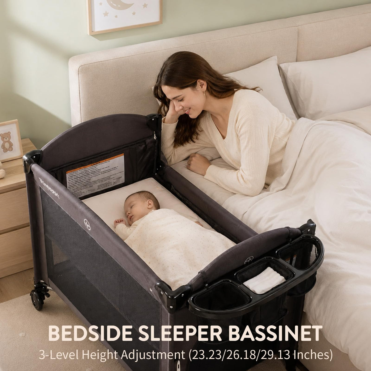 4-in-1 Pack and Play, Baby Bassinet Bedside Sleeper, Black S533771