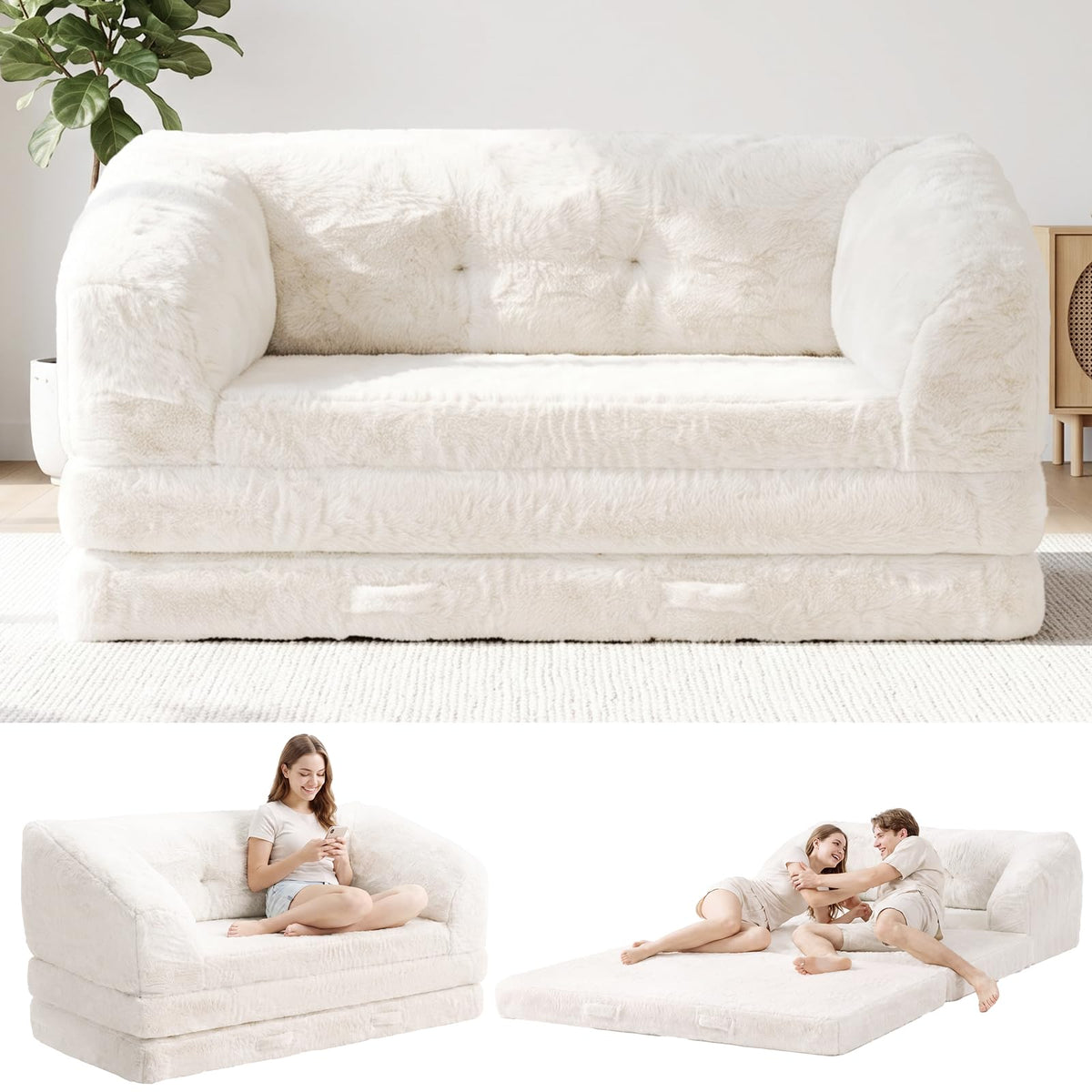 Convertible Folding Sofa Bed, 2 in 1 Portable Floor Couch & Foam Mattress with Handle, Space-Saving Faux Fur Futon Chair for Living Room, Bedroom, Guest Room (Loveseat, Beige) Q8507